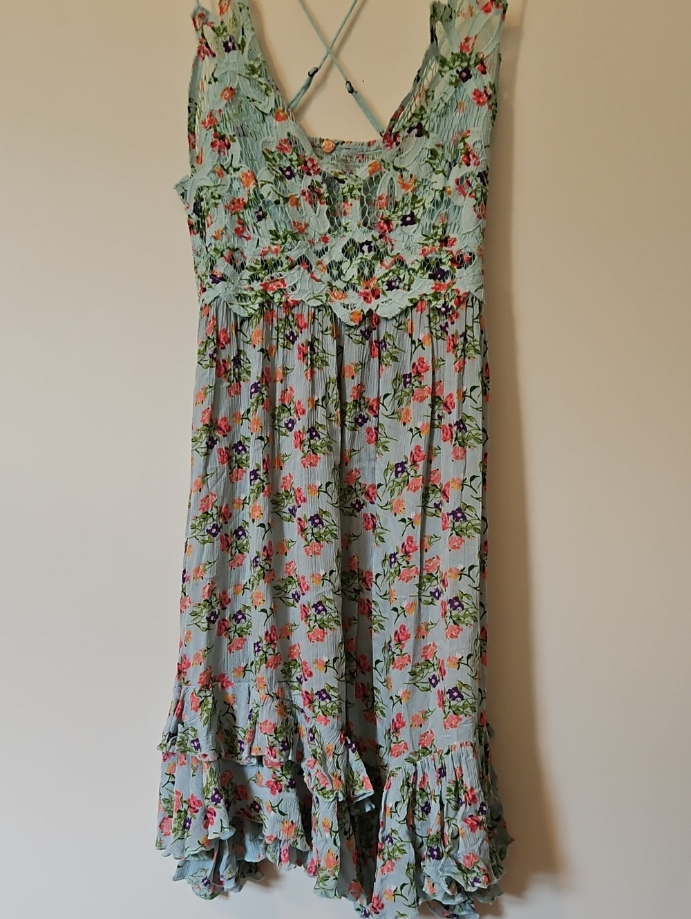 Free People One Womens XS Light Blue Floral Sundress with Ruffle Hem